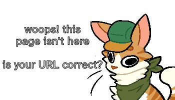 orange cat with wide eyes. he is wearing a cap and a neckerchief. the image says 'woops! this page isn't here. is your URL correct?