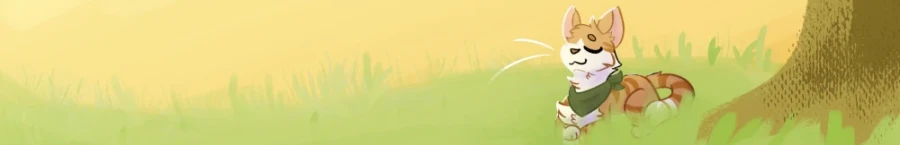 banner image. it has an orange cat laying in a sunny field under a tree. the cat has a calm expression on his face and is wearing a green neckerchief